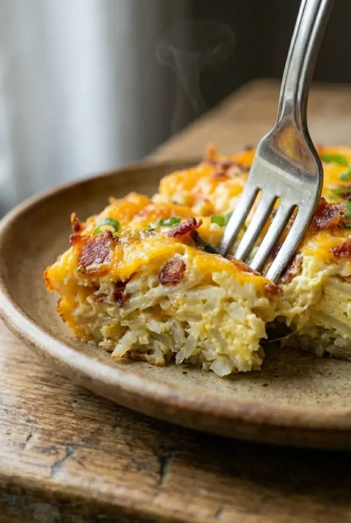 Close-up of a fork cutting into a slice of breakfast casserole, revealing the creamy egg and melted cheese interior as steam gently rises.