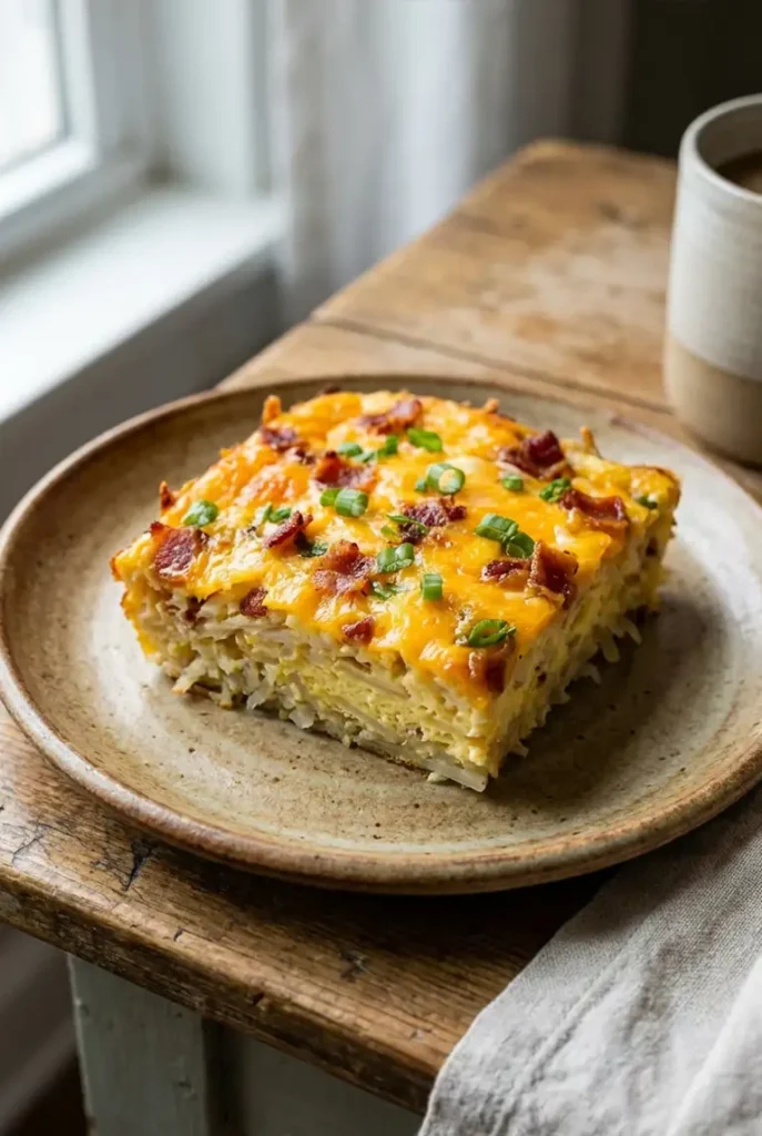 A square slice of hash brown breakfast casserole on a plate, topped with melted cheese, bacon, and green onions, showing its creamy, layered interior.