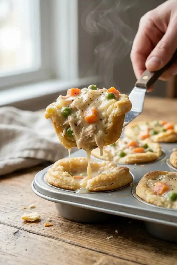 Close up of a mini chicken pot pie bite being lifted, showing crisp biscuit edges and thick creamy chicken filling with peas and carrots