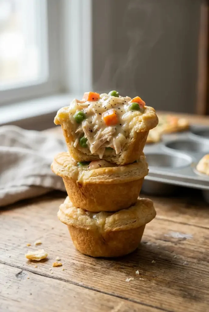 Golden chicken pot pie bites in a muffin tin, biscuit cups filled with thick creamy chicken, peas, and carrots under soft daylight.