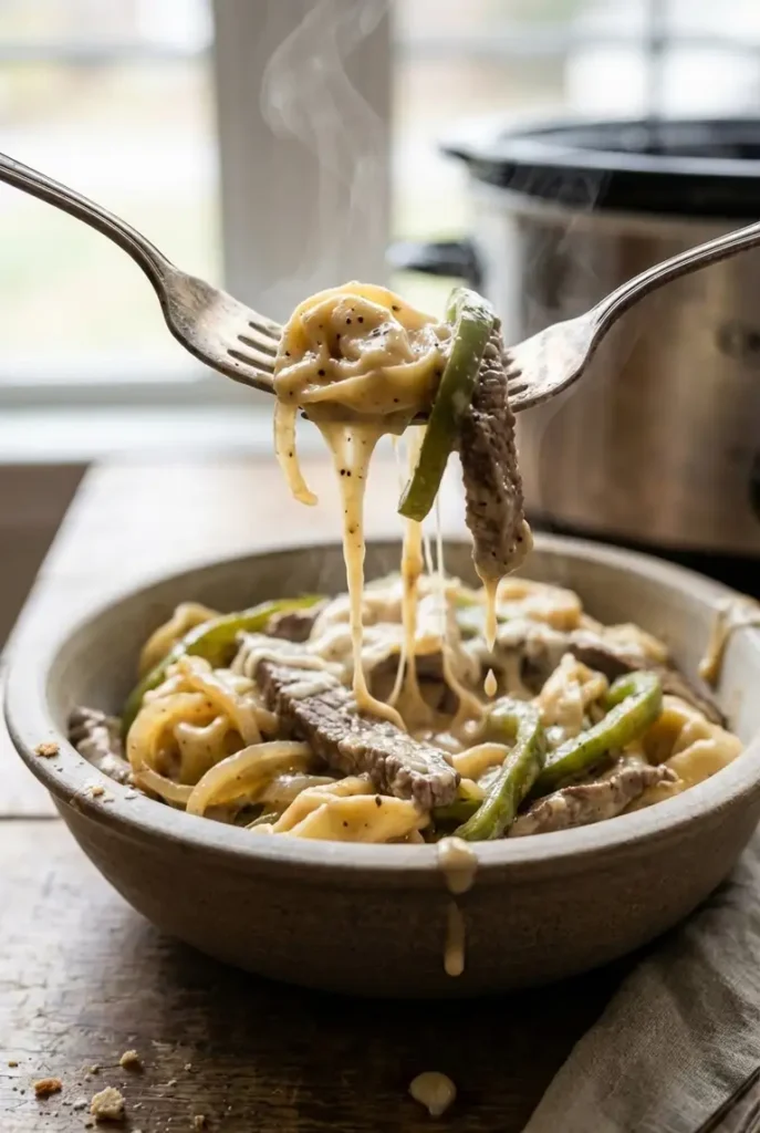 Close-up of a fork lifting tortellini and sirloin with stretchy melted provolone and creamy sauce steaming in soft daylight.