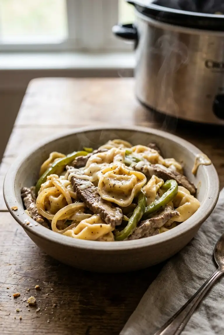 Bowl of Crock-Pot cheesesteak tortellini with sirloin, peppers, onions, and creamy provolone sauce on a wooden table.