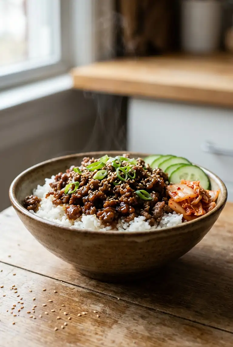 Korean ground beef bowl over white rice with glossy soy-ginger sauce, scallions, sesame seeds, cucumber slices, and kimchi on a wooden table.