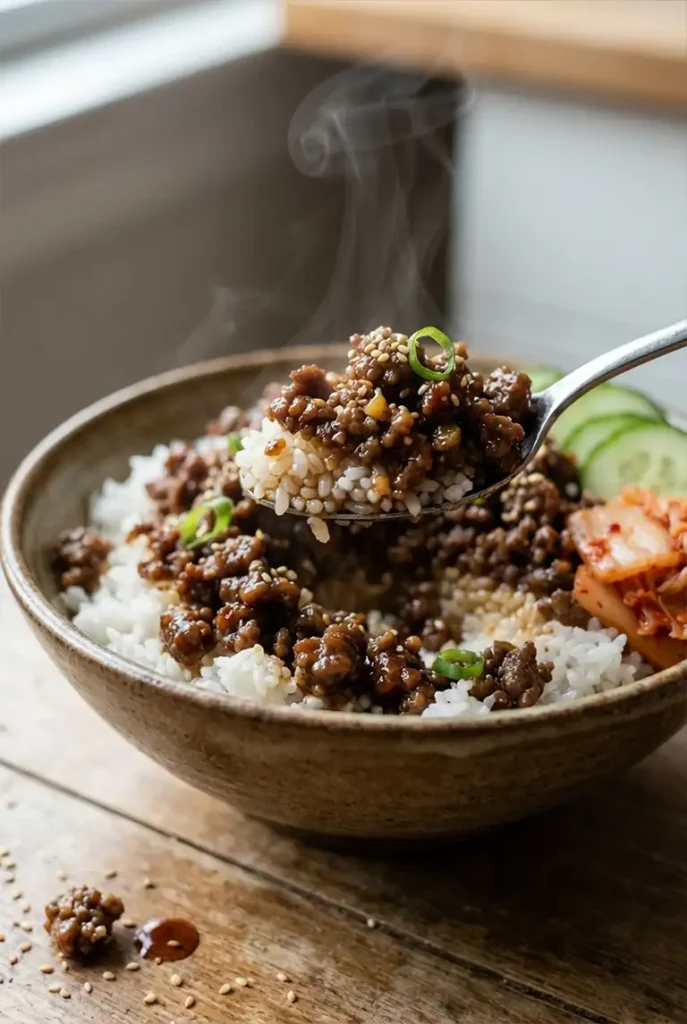 Close-up of a spoon lifting glossy Korean ground beef crumbles with rice, showing caramelized edges, steam, sesame seeds, and sliced green onions.