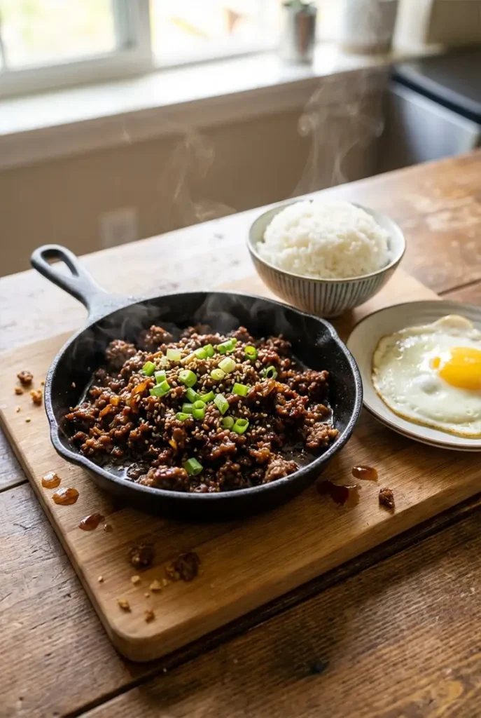 Korean ground beef in a cast iron skillet with glossy soy-ginger sauce, served with white rice and a fried egg with a runny yolk.