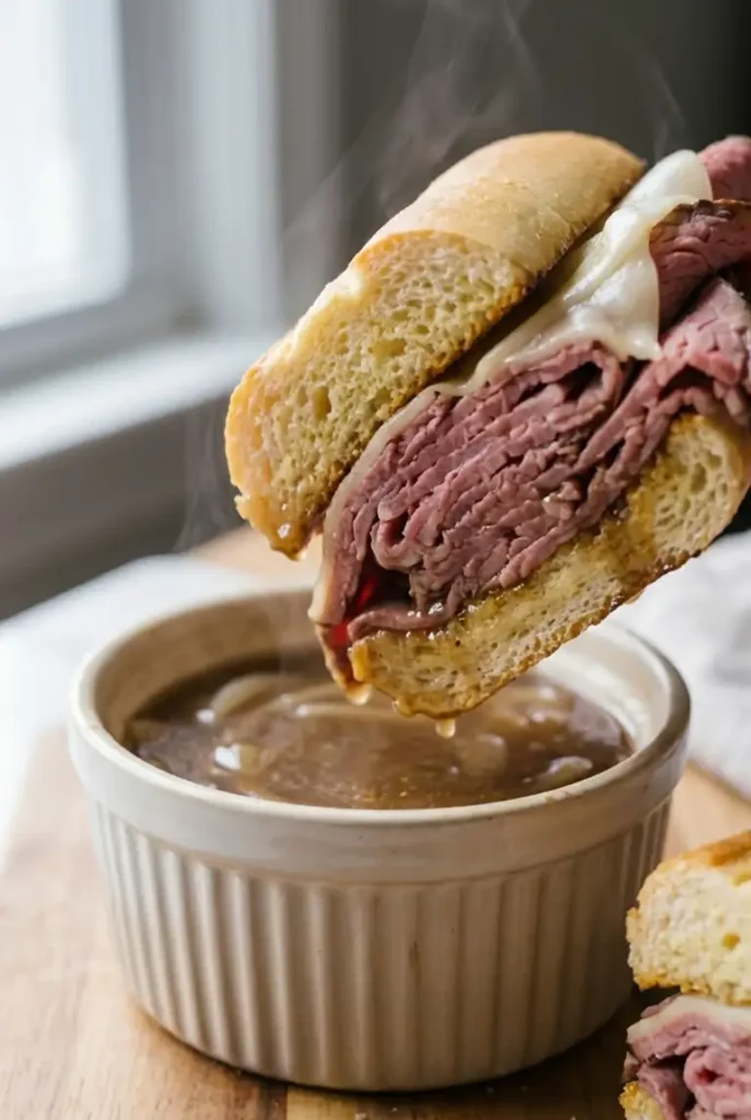 Close-up of a prime rib French dip sandwich being dipped into steaming onion au jus, with melted provolone and juicy beef visible.