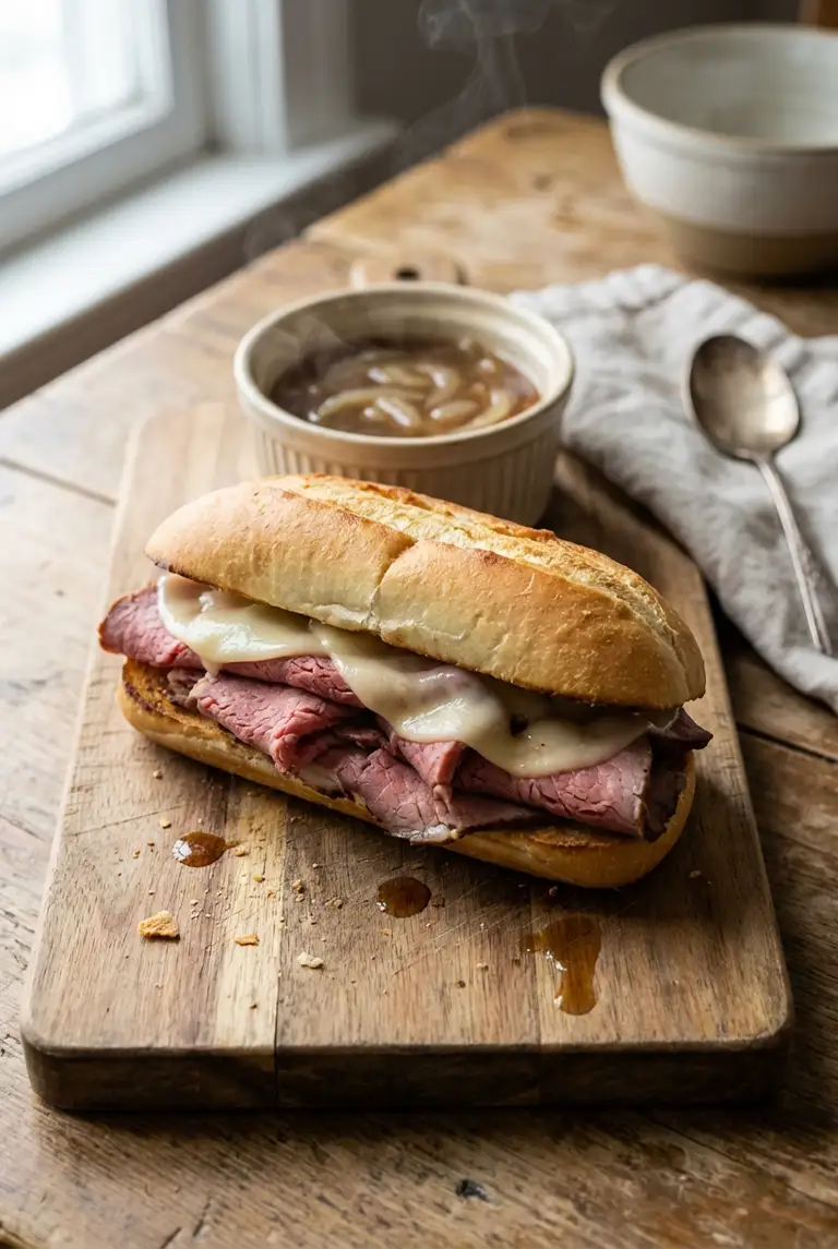 Prime rib French dip sandwich with melted provolone on a toasted hoagie roll, served with a ramekin of hot au jus.