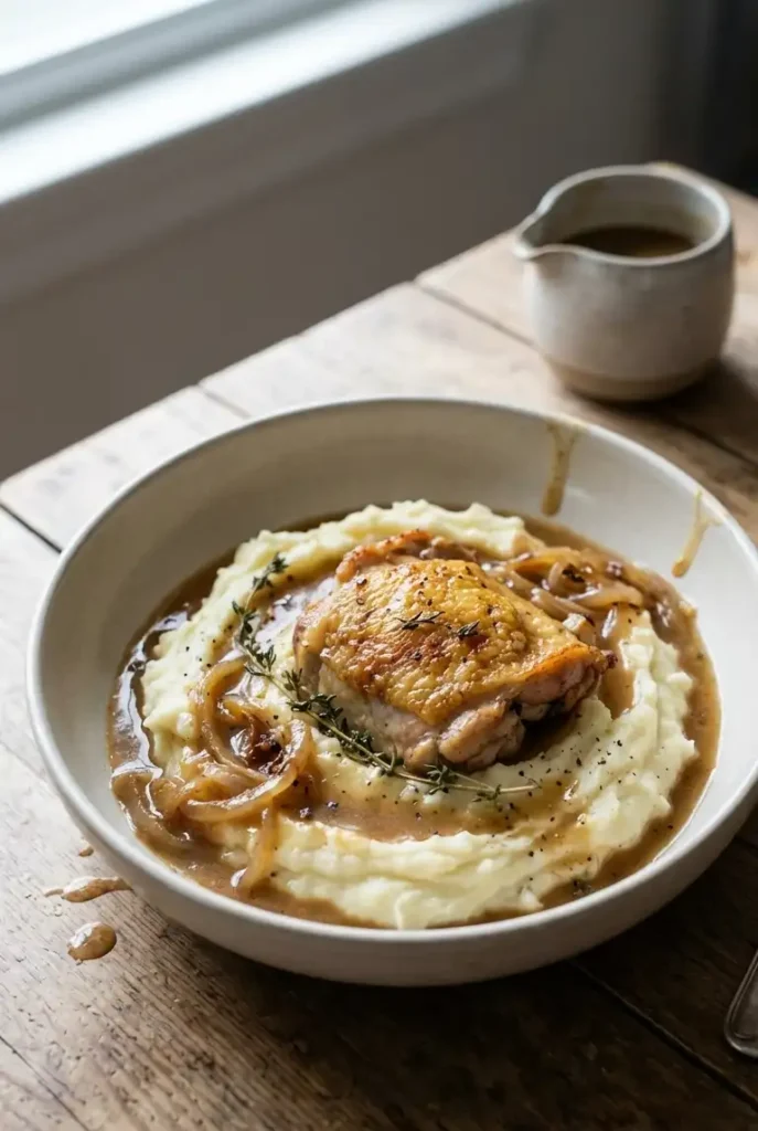 Crispy chicken thigh with onion-thyme gravy served over mashed potatoes in a shallow bowl on a wooden kitchen table.
