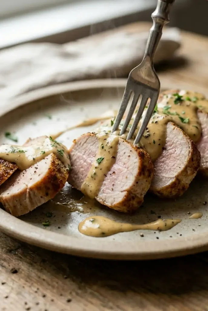Close-up of a fork cutting into pork tenderloin, showing juicy pink center with Dijon mustard cream sauce clinging to the slice.