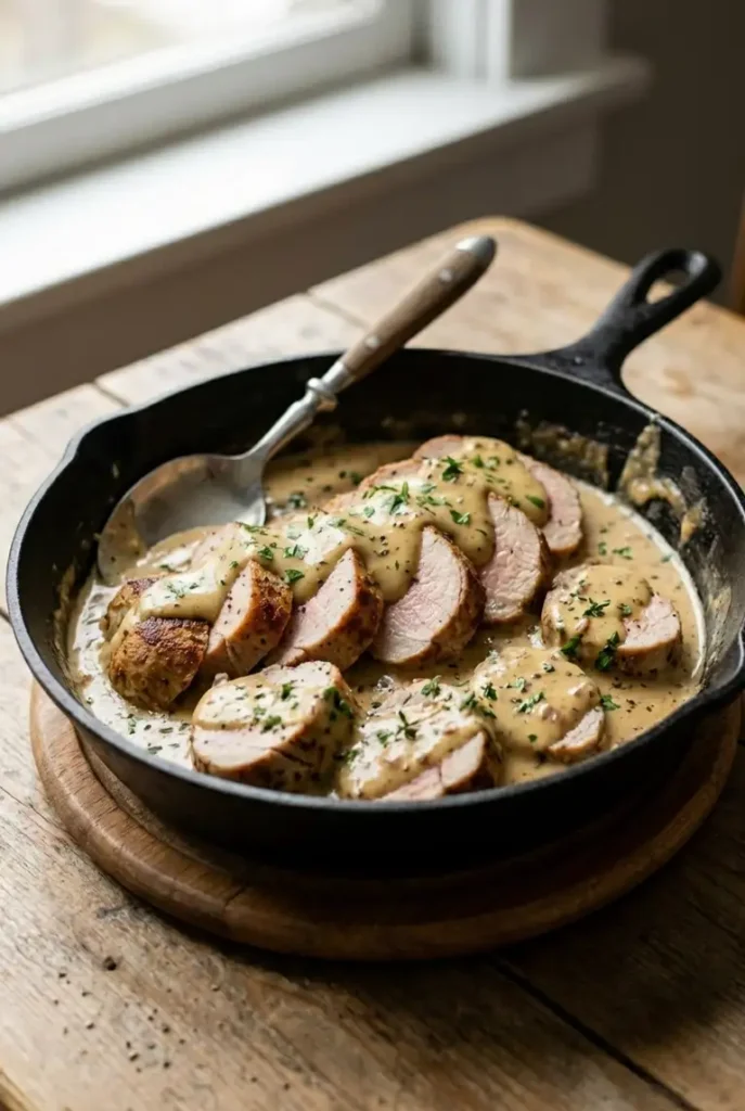 Pork tenderloin medallions served in a cast iron skillet with thick Dijon cream pan sauce, thyme, and parsley in window light.