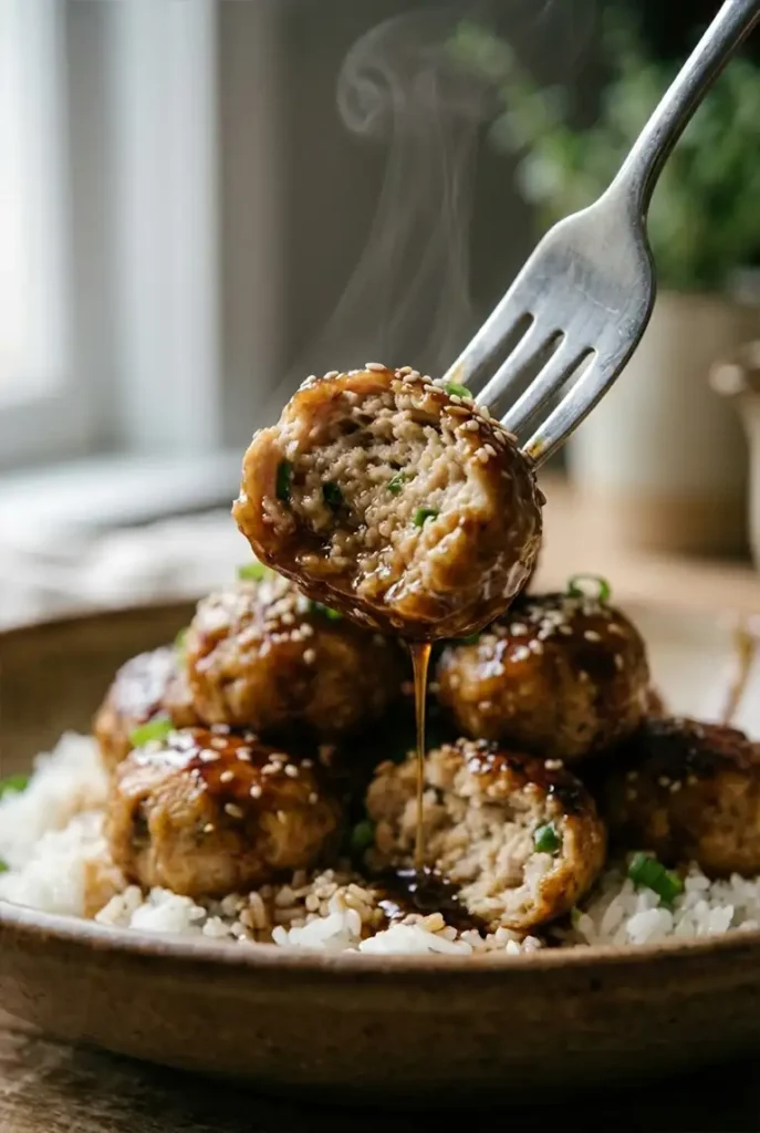 Close-up of a fork lifting a glazed chicken meatball, showing a juicy torn center with sesame seeds and honey-soy glaze dripping back.