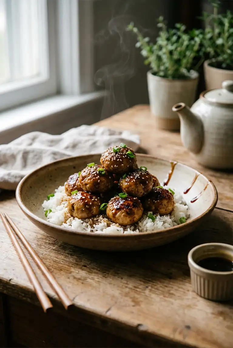 Bowl of baked sesame ginger chicken meatballs over jasmine rice, coated in glossy honey-soy glaze with sesame seeds and sliced green onion.