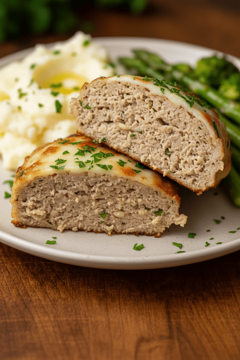 Overhead shot of a garlic parmesan meatloaf topped with melted cheese and fresh parsley on a wooden table.