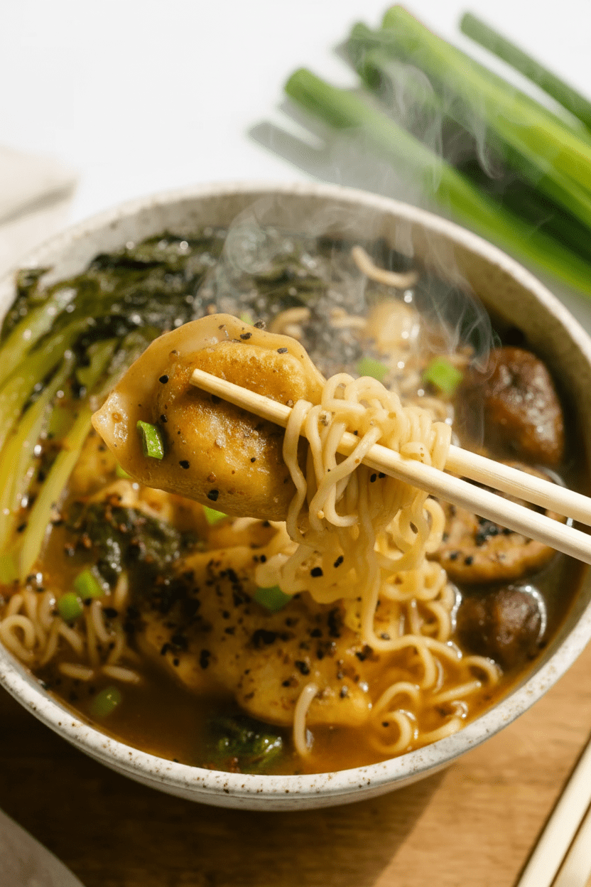 A steaming bowl of dumpling ramen with shiitake mushrooms, bok choy, and green onions, viewed from above.