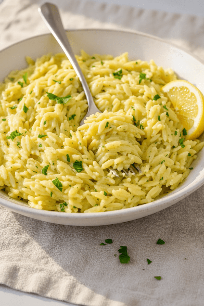Overhead shot of creamy garlic butter orzo in a ceramic bowl with a spoon, garnished with fresh parsley.