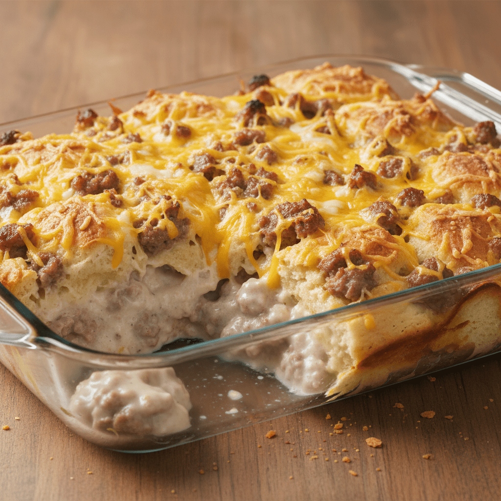 Overhead view of a slice of biscuits and gravy breakfast casserole on a white plate, showing layers of biscuit, sausage, and gravy.