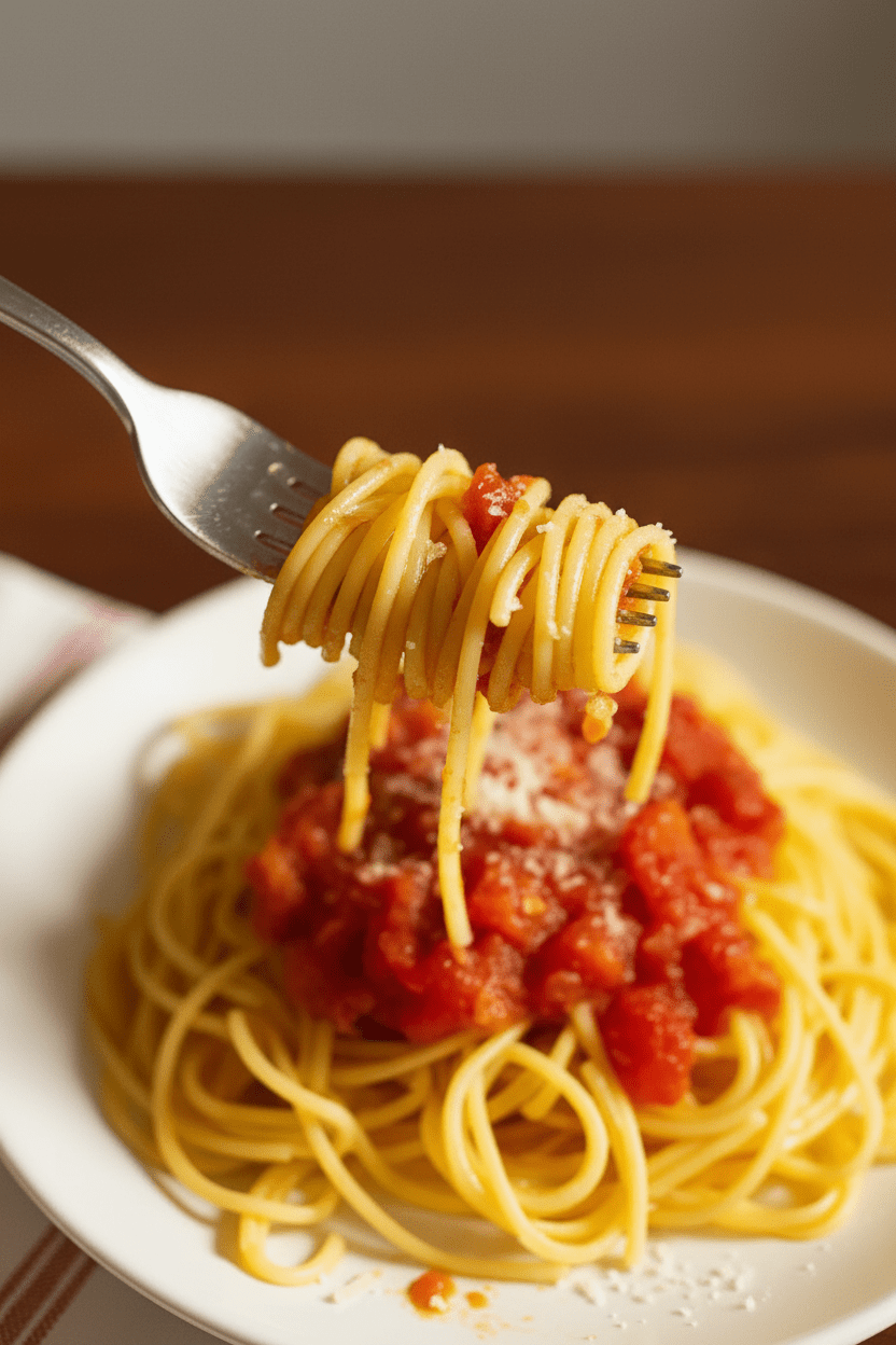 Overhead view of a white plate with spaghetti coated in fresh Italian tomato sauce, topped with grated Parmesan cheese on a wooden table.
