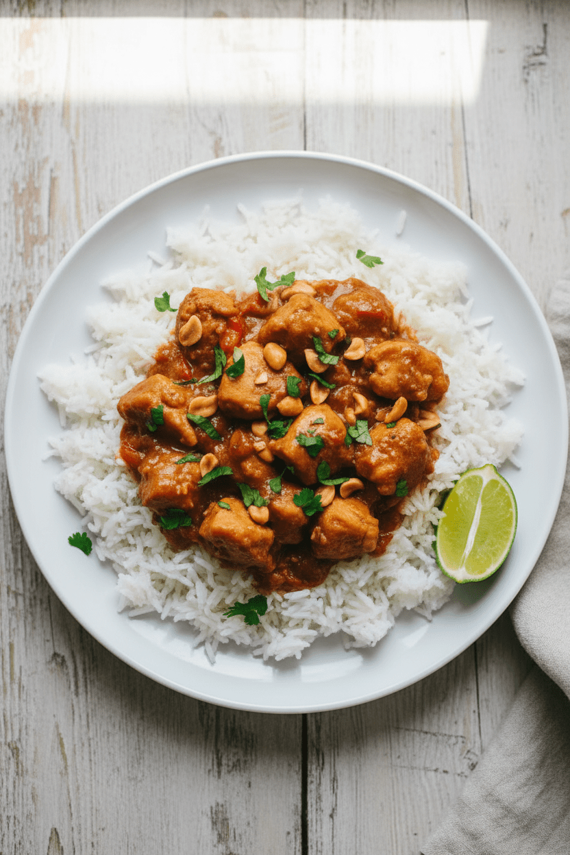 Overhead shot of slow cooker peanut chicken in a white bowl with rice, garnished with chopped peanuts and fresh cilantro.