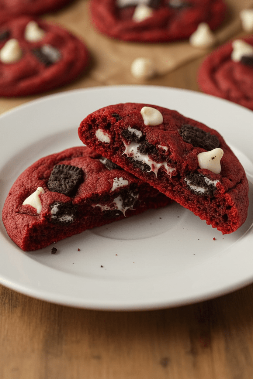 Overhead view of red velvet Oreo cookies with white chocolate chips on a sheet of parchment paper.