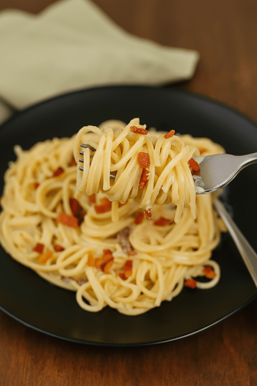 Overhead view of a black plate with easy no-egg pasta carbonara, showing the creamy sauce and bits of crispy bacon.