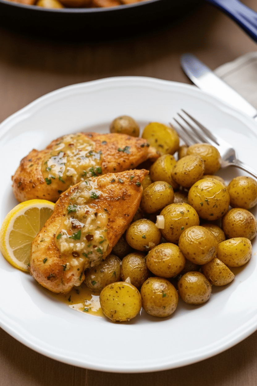 Overhead view of Easy Cowboy Butter Chicken with baby potatoes in a cast iron skillet, garnished with fresh parsley.