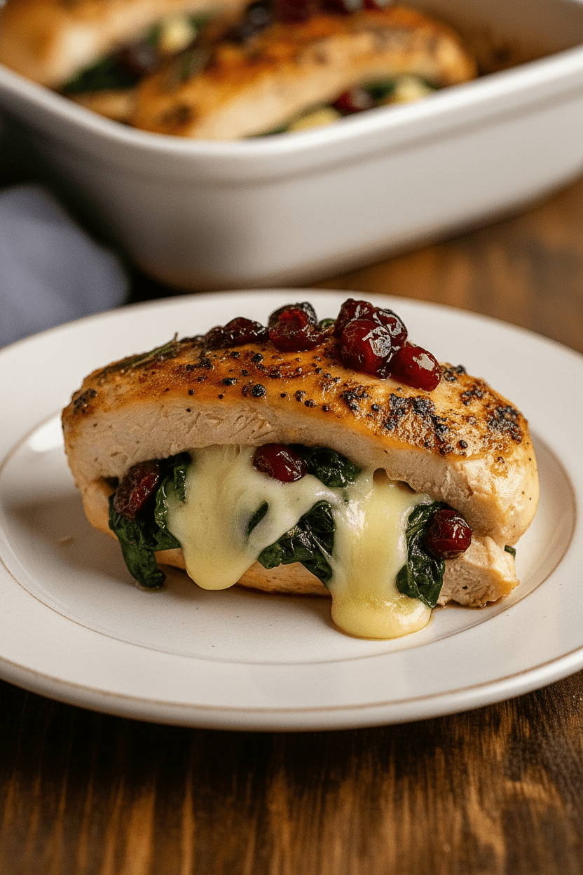 Overhead view of golden baked cranberry Brie stuffed chicken in a baking dish.