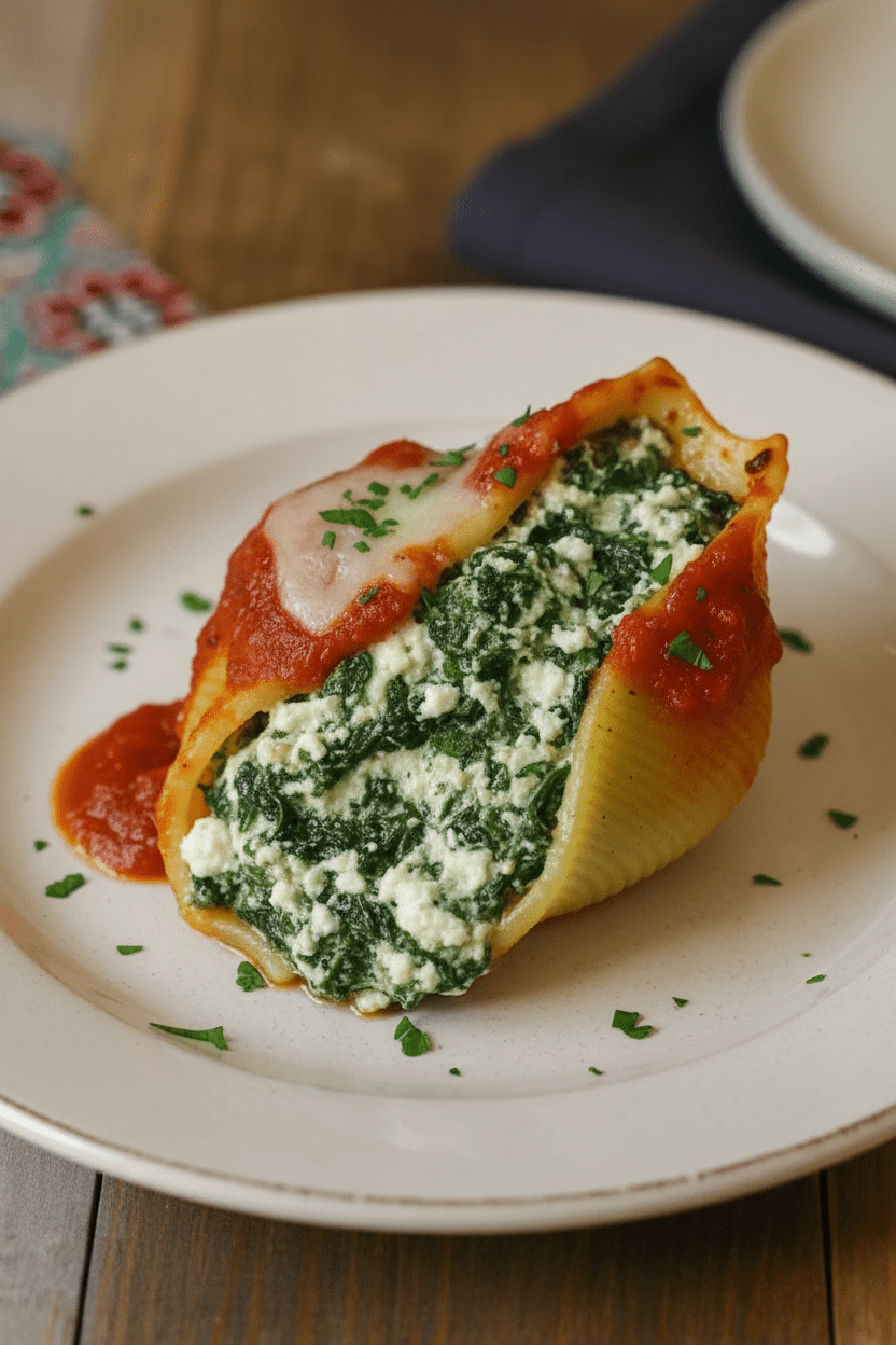 Overhead view of a baking dish filled with Christmas stuffed shells, topped with marinara and melted mozzarella cheese.