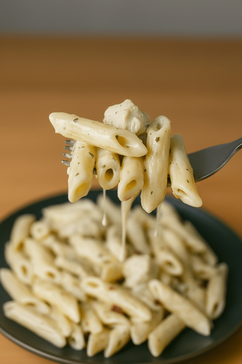 Overhead view of a dark plate with white sauce chicken pasta, garnished with parsley.