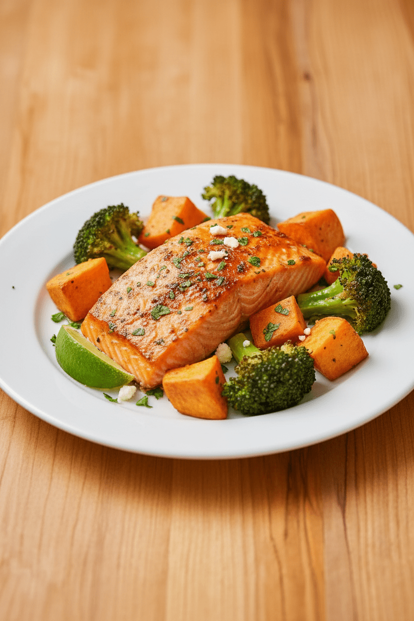 Overhead view of roasted sheet pan salmon with sweet potatoes and broccoli, garnished with lemon slices.