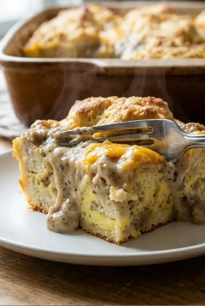 Close-up of a fork cutting into the casserole, revealing creamy sausage gravy, set eggs, tender biscuit pieces, and stretchy cheddar.