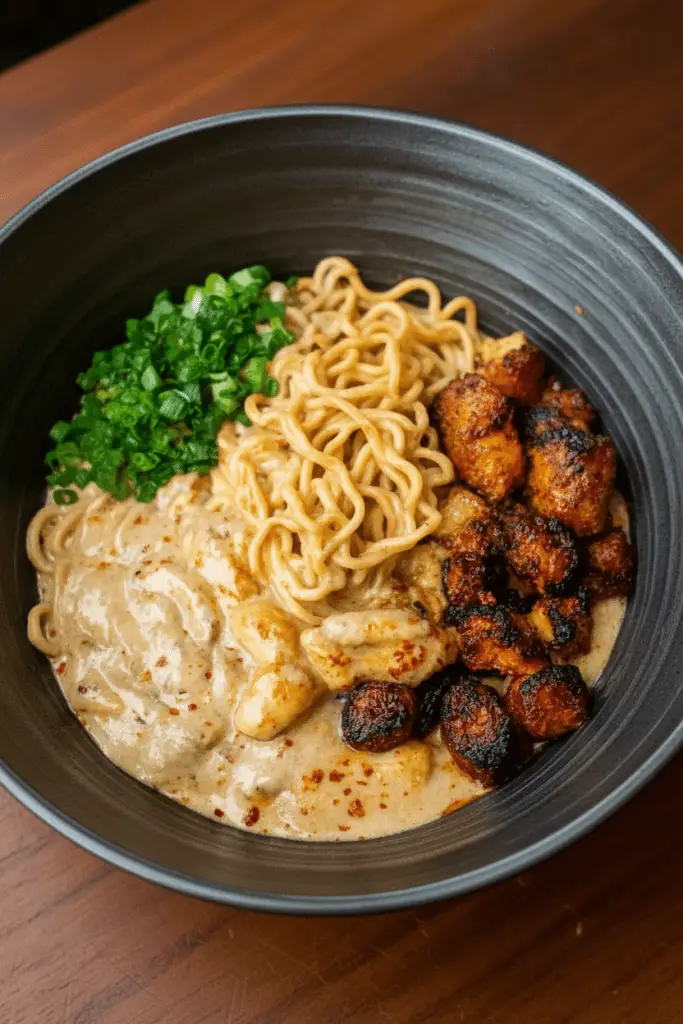 Overhead view of a bowl of chicken ramen with creamy garlic sauce, topped with sliced green onions.