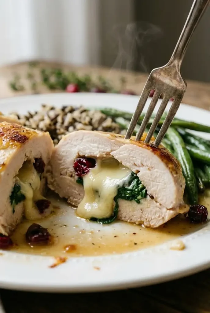 Close-up of a fork cutting into cranberry Brie stuffed chicken, showing juicy chicken and gooey Brie with spinach and dried cranberries.