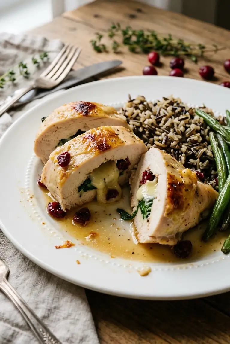Sliced cranberry Brie stuffed chicken with spinach on a white plate, served with wild rice and green beans in soft daylight.