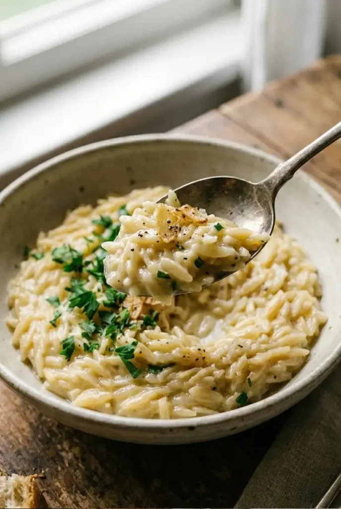 A close-up of a spoon lifting a scoop of creamy garlic butter orzo, showing the glossy sauce and tender pasta grains.