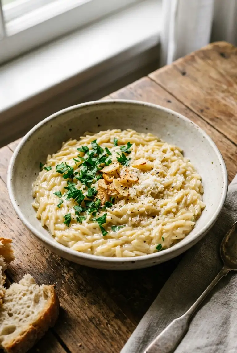 A rustic ceramic bowl filled with creamy garlic butter orzo, garnished with fresh parsley and a lemon wedge, sitting on a wooden table.
