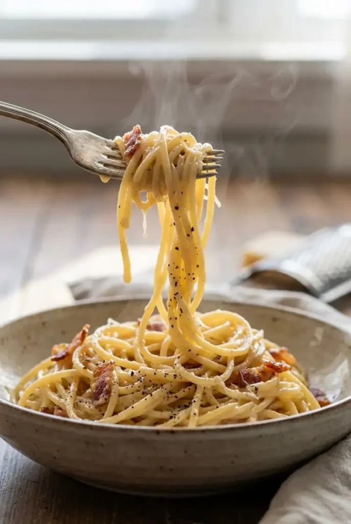 Close-up of a fork lifting creamy no-egg carbonara spaghetti, showing glossy parmesan cream sauce, pepper flecks, and crisp bacon pieces.