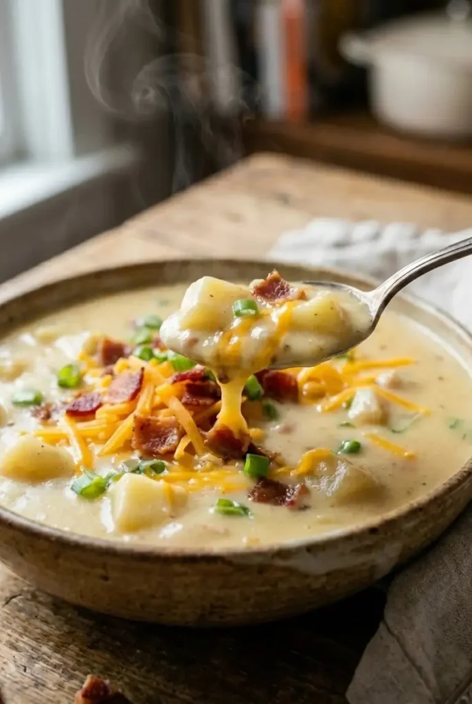Close-up of a spoonful of creamy potato soup lifted from the bowl, with tender potato chunks, melted cheddar, and bacon.