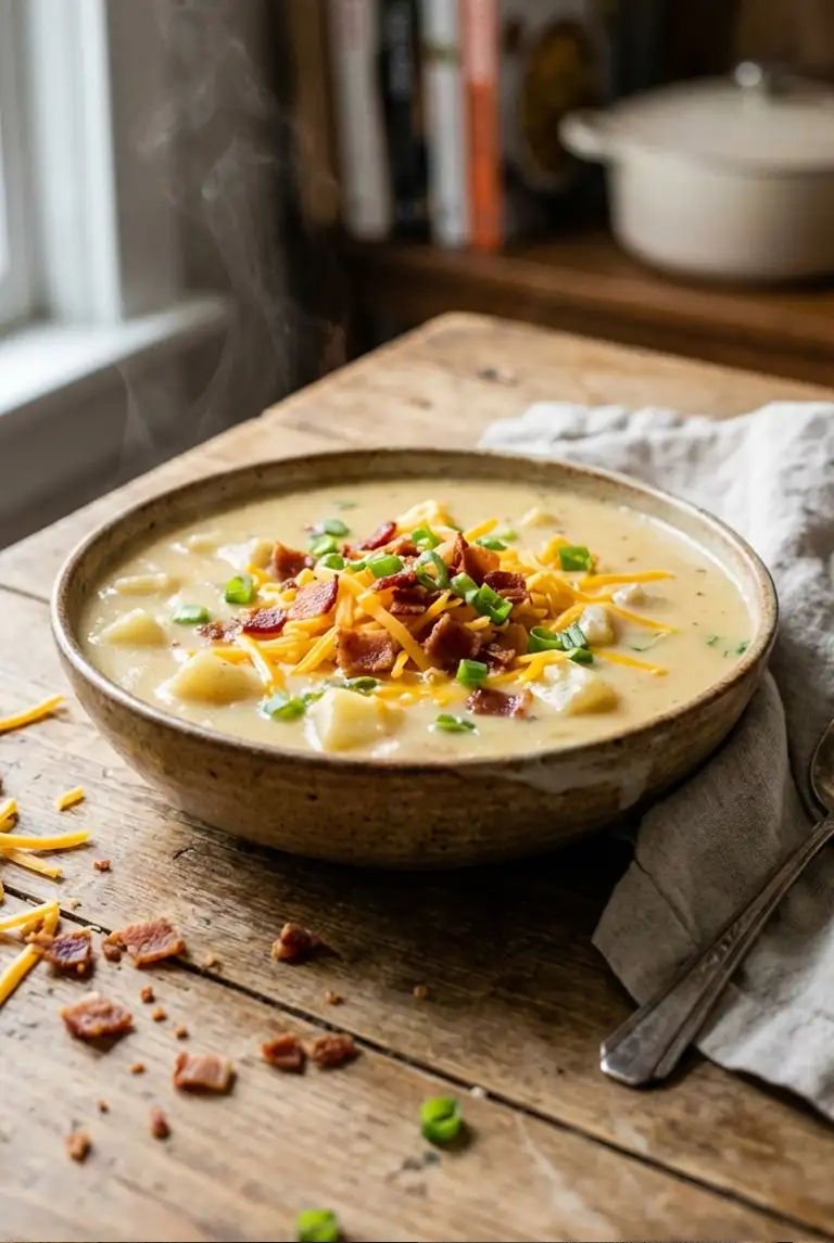 Centered bowl of crock pot crack potato soup topped with cheddar, crumbled bacon, and green onions on a wooden kitchen table.