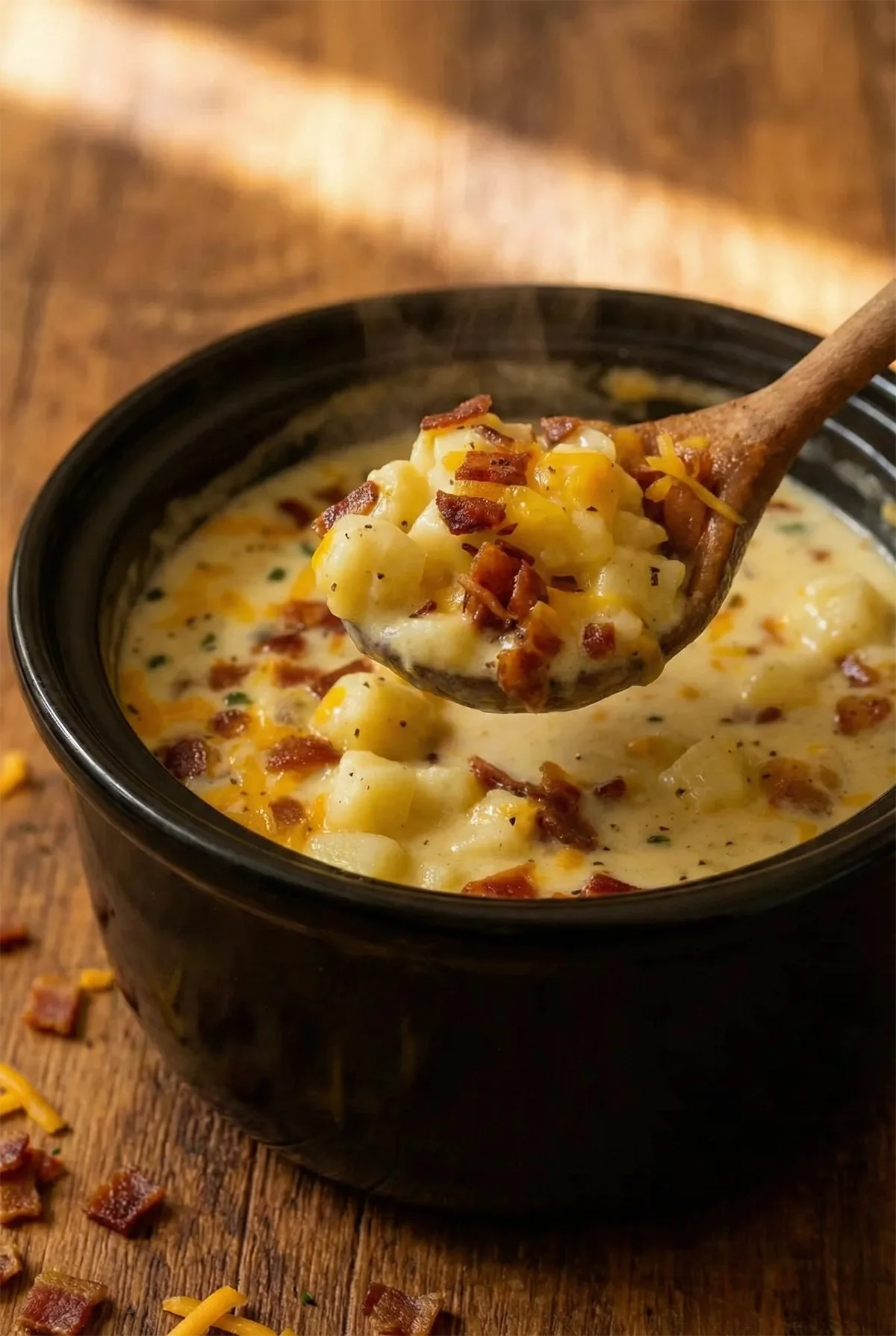 Overhead shot of Crock Pot Crack Potato Soup in the slow cooker, garnished with cheddar cheese, crumbled bacon, and green onions.