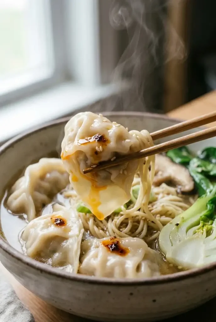 Close-up of chopsticks lifting a steamed dumpling from ramen broth, with springy noodles, sesame seeds, and bok choy in the background.