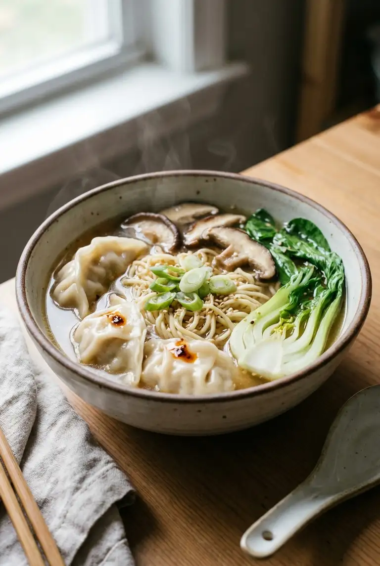 Centered bowl of dumpling ramen soup with ramen noodles, frozen dumplings, shiitake mushrooms, bok choy, green onions, sesame seeds, and chili oil.