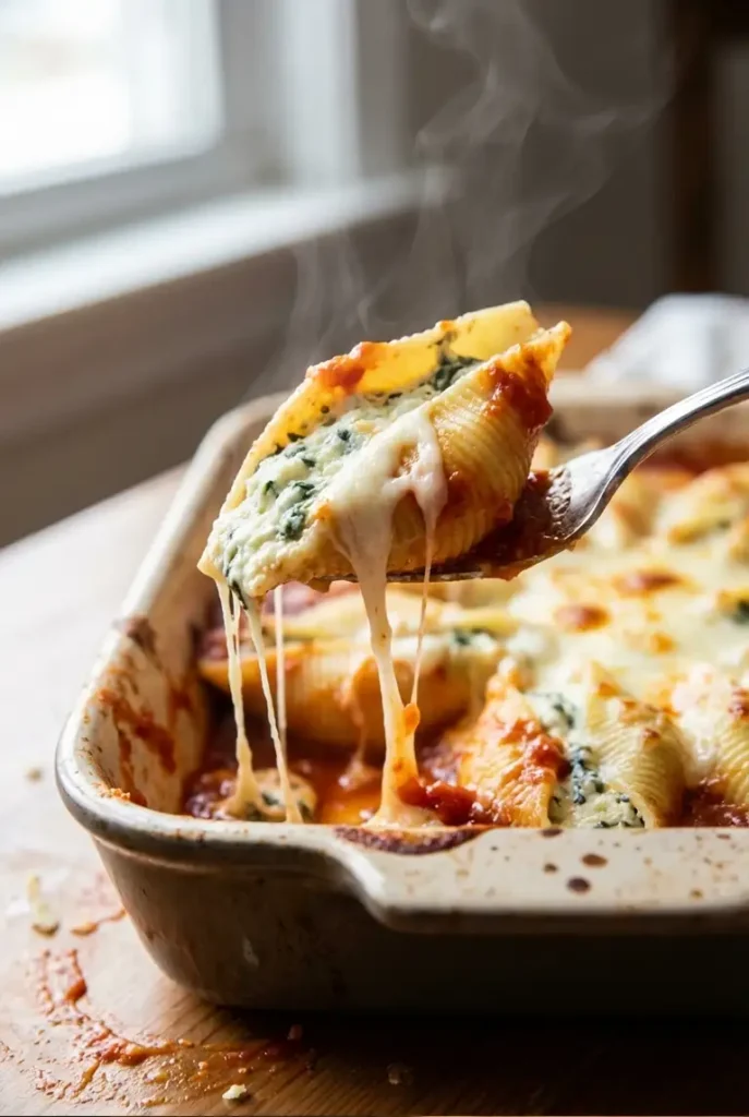 Close-up of a fork lifting one ricotta spinach stuffed shell, showing creamy filling and stretchy mozzarella with marinara sauce.