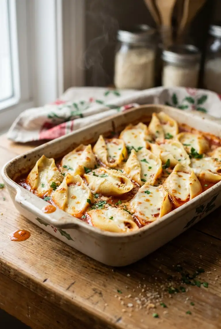 Baked stuffed shells with ricotta and spinach in marinara, topped with melted mozzarella and Parmesan, bubbling in a ceramic baking dish.