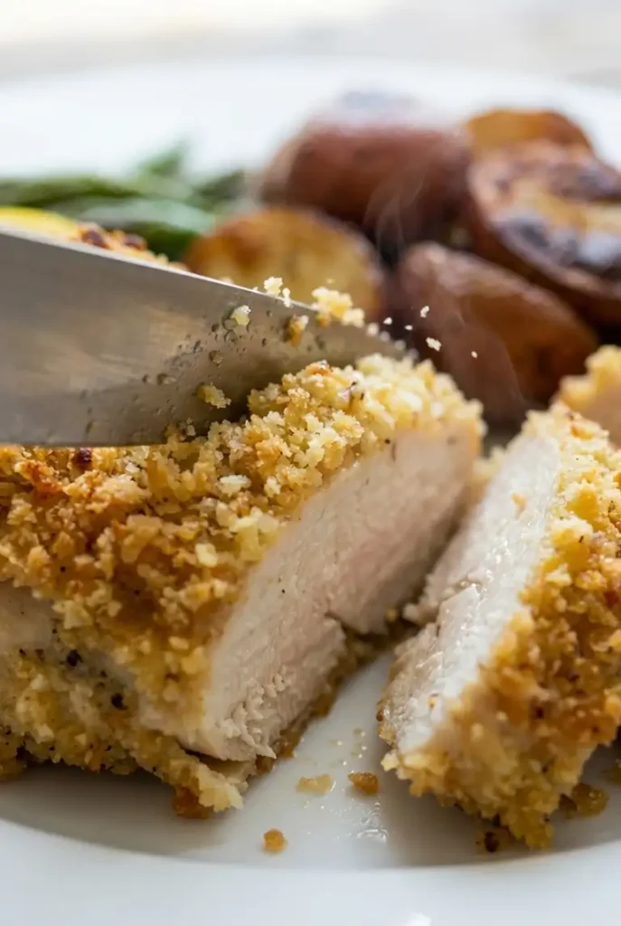 A close-up of a knife cutting into a crispy parmesan chicken breast, revealing the juicy white meat and textured golden crust.