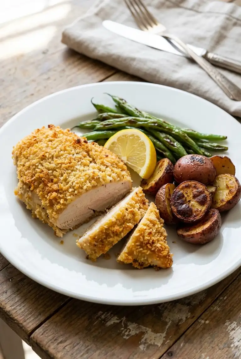 A plate of golden parmesan-crusted chicken, roasted red potatoes, and blistered green beans, with a lemon wedge for serving, presented on a rustic wooden table.