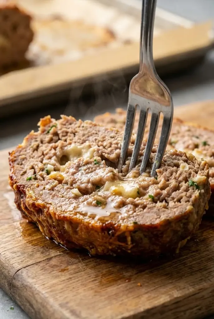 Close-up of a fork cutting into garlic Parmesan meatloaf, showing a steaming, juicy interior and browned Parmesan topping.