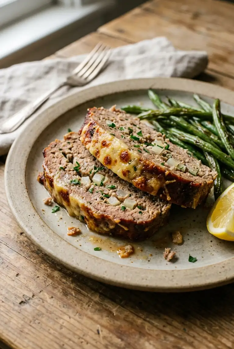 Plated garlic Parmesan meatloaf slices with golden cheese spots, browned edges, and a moist center on a stoneware plate.