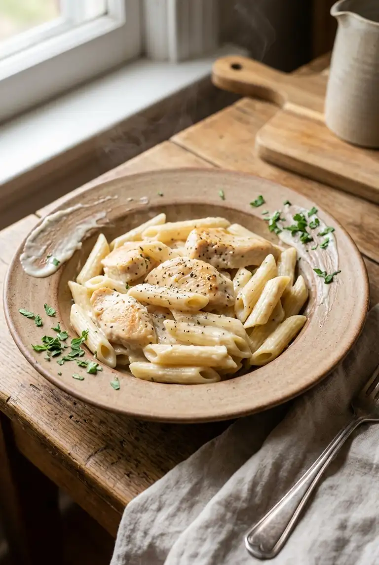 Centered bowl of dairy-free white sauce chicken pasta with penne, glossy oat milk sauce, golden chicken pieces, and fresh parsley on top.