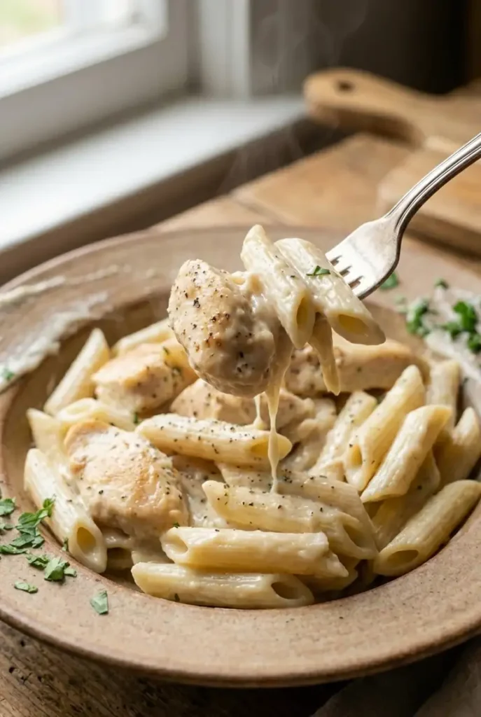 Close-up of a fork lifting creamy white sauce penne with a tender golden chicken piece, sauce dripping back into the bowl.