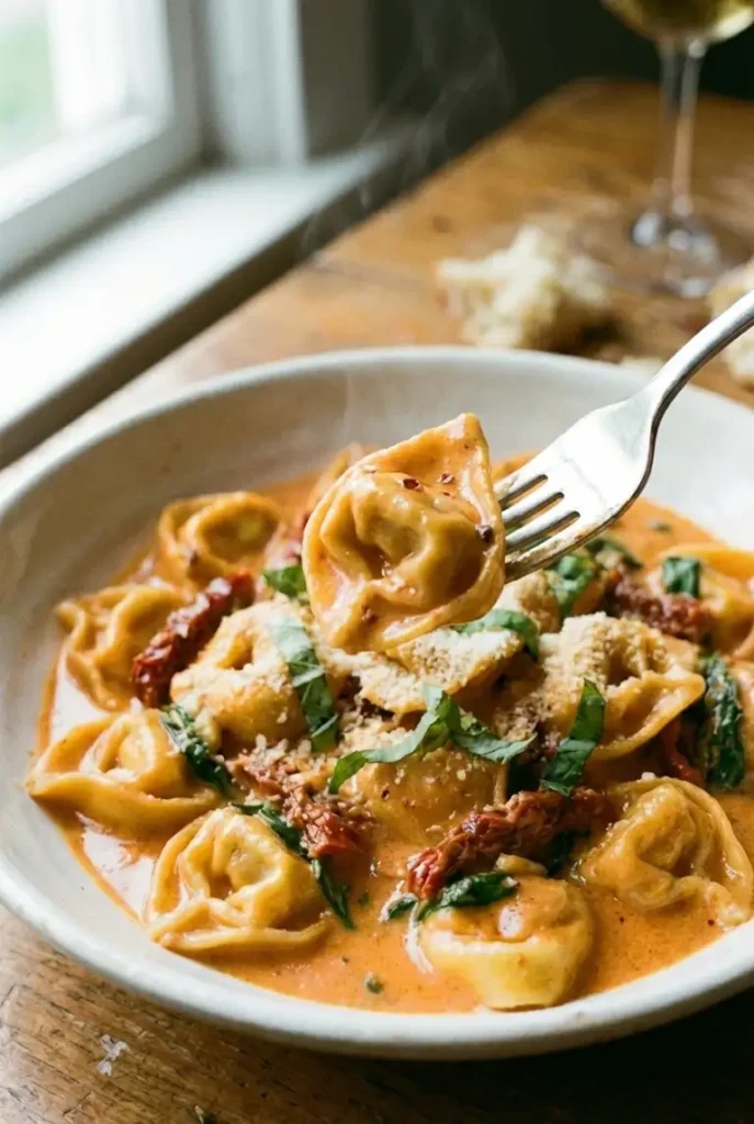 A close-up action shot of a fork lifting a piece of cheese tortellini, showing the rich, glossy tomato-cream sauce clinging to the pasta.